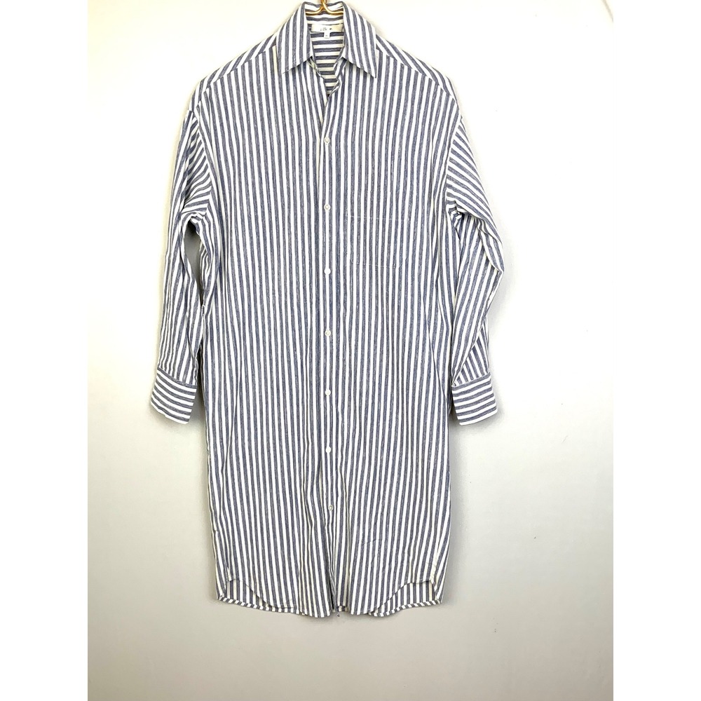 Vince Sz XS Oversized Coastal Blue White Striped Midi Shirt Dress Beachy Poplin